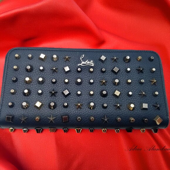 Christian Louboutin Handbags - Christian Louboutin Wallet Navy Leather Stars/Studs Zip Around, 8" x 4" has COA